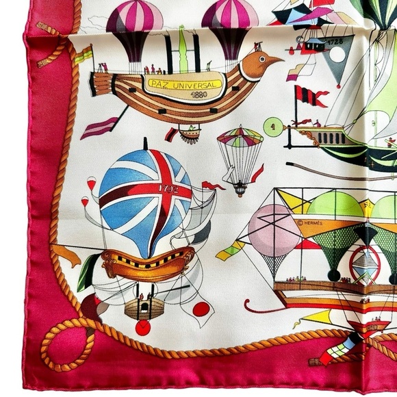 HERMES “Les Folies Du Ciel” Red Multicolor Colorful 100% Silk Scarf Carre 40 - Picture 4 of 12